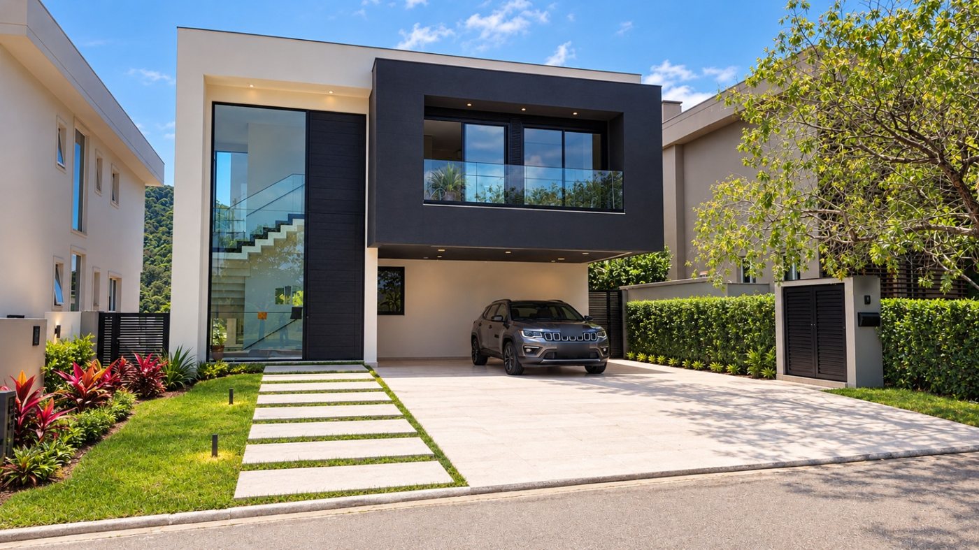 Fachada da casa de 450 m² em 3 pavimentos